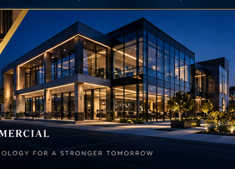 Modern commercial architecture with illuminated glass facade