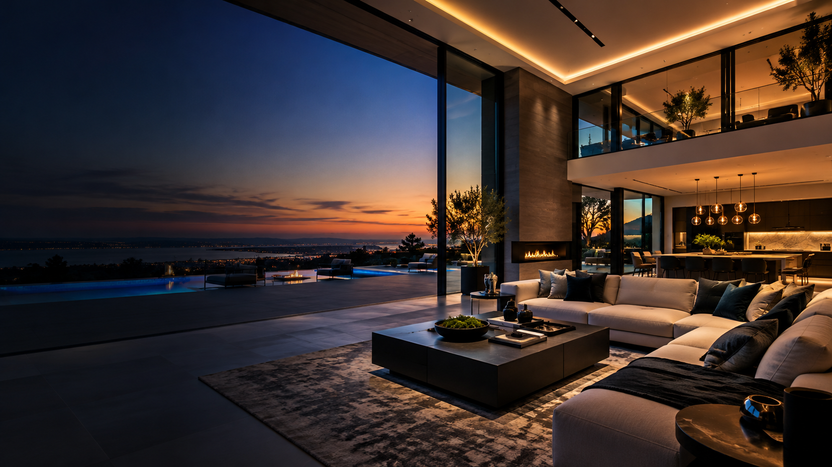 Modern luxury living space at dusk